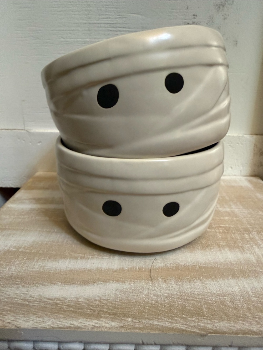 Rae Dunn Halloween Cream Ceramic Mummy Bowl Set with Black Accent Dots